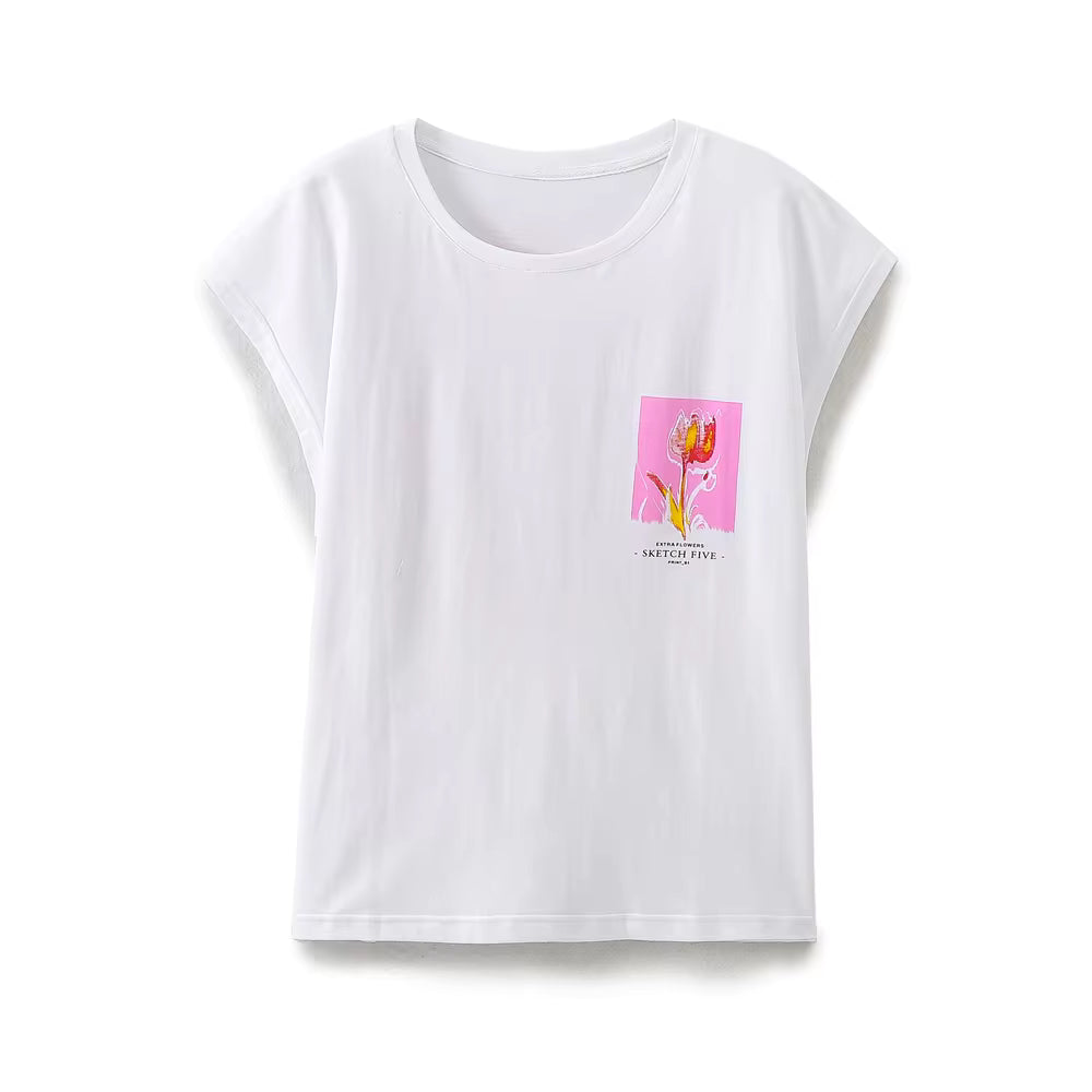 T-shirt imprimé sans manches à col rond