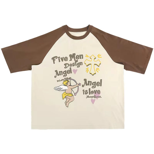 Cotton Splicing Puff Print T Shirt