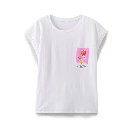 T-shirt imprimé sans manches à col rond